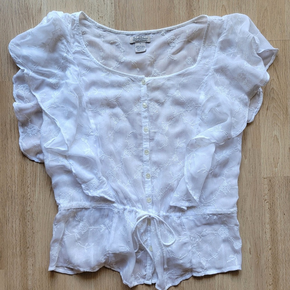 Lucky Brand Womens White Embroidered Ruffle Flutter Sleeve Drawstring Blouse S